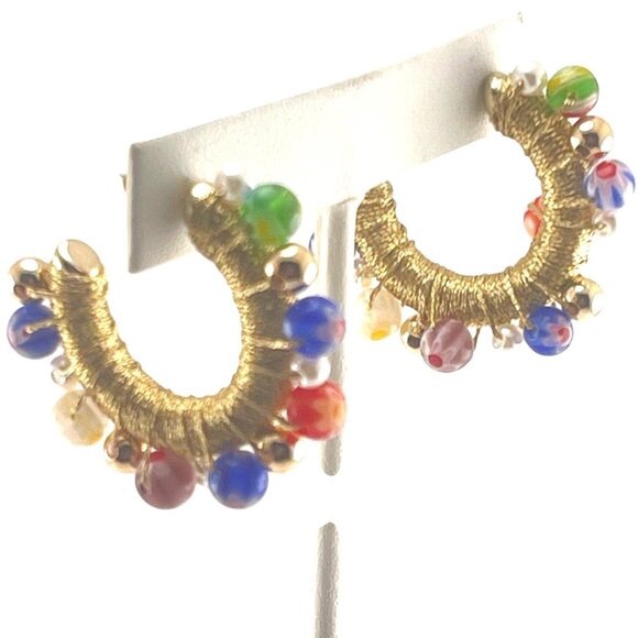 Handcrafted Gold-Tone Beaded Hoop Earrings Colorful Murano Glass Beads & Pearls - Picture 1 of 8